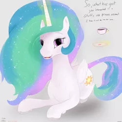 Size: 5000x5000 | Tagged: safe, artist:enonnnymous, derpibooru import, princess celestia, alicorn, pony, /sun/, blushing, chest fluff, cute, cutelestia, dialogue, female, food, heart, heart eyes, image, lying down, mare, missing accessory, png, prone, smiling, solo, talking to viewer, tea, wingding eyes