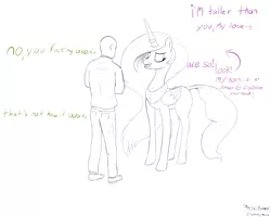 Size: 2500x2000 | Tagged: safe, artist:enonnnymous, derpibooru import, princess celestia, oc, oc:anon, human, clothes, dialogue, duo, horn, horn ring, image, jewelry, marital problems, married couple, png, ring, sketch