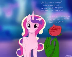 Size: 2500x2000 | Tagged: safe, artist:enonnnymous, derpibooru import, princess cadance, oc, oc:anon, dialogue, flower, hand, image, looking at you, png, romantic, rose, waifu