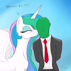 Size: 3000x3000 | Tagged: safe, artist:enonnnymous, derpibooru import, princess celestia, oc, oc:anon, alicorn, human, pony, /sun/, blushing, eyes closed, female, heart, image, kiss on the cheek, kissing, mare, png, simple background, smiling, spread wings, wings