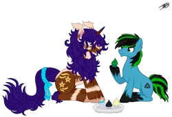 Size: 6539x4476 | Tagged: safe, artist:princessmoonsilver, derpibooru import, oc, oc:star seeker, oc:tricket, earth pony, kirin, unicorn, cupcake, food, image, kirin oc, png