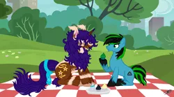 Size: 5340x3000 | Tagged: safe, artist:princessmoonsilver, derpibooru import, oc, oc:star seeker, oc:tricket, earth pony, kirin, pony, unicorn, cupcake, food, image, jpeg, kirin oc, picnic