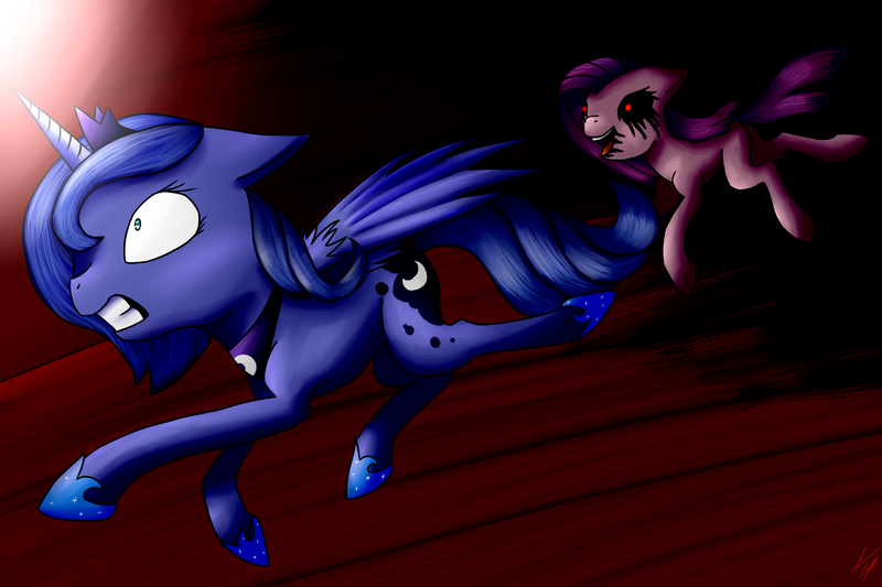 Size: 3000x2000 | Tagged: grimdark, artist:brezhnevalice, derpibooru import, pinkie pie, princess luna, alicorn, earth pony, pony, luna game, clothes, creepypasta, crown, female, floppy ears, image, jewelry, jpeg, mare, moon, pinkamena diane pie, regalia, running, shocked, shoes, signature, smiling, zalgo, zalgo pie