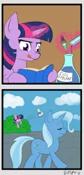 Size: 580x1200 | Tagged: safe, artist:empyu, derpibooru import, trixie, twilight sparkle, twilight sparkle (alicorn), alicorn, pony, unicorn, eyes closed, glow, glowing horn, hiding, horn, image, png, potion, throwing, tongue out
