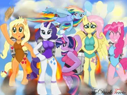 Size: 1920x1440 | Tagged: safe, artist:thedarktercio, derpibooru import, applejack, fluttershy, pinkie pie, rainbow dash, rarity, twilight sparkle, anthro, semi-anthro, clothes, cute, cutie mark, female, fire, flying, image, jetpack, jpeg, leotard, mane six, sky, smiling