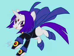 Size: 906x693 | Tagged: safe, artist:batangbatugan, derpibooru import, ponified, pony, unicorn, amulet, blue background, cloak, clothes, crossover, dc comics, female, gem, horn, image, jewelry, mare, png, raven (dc comics), shoes, signature, simple background, smiling, teen titans