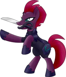 Size: 1664x1948 | Tagged: safe, artist:poseidonathenea, derpibooru import, tempest shadow, pony, unicorn, armor, broken horn, female, hoof shoes, horn, image, mare, mouth hold, png, rearing, simple background, solo, sword, transparent background, weapon