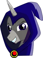 Size: 1000x1356 | Tagged: safe, artist:eskalante, derpibooru import, ponified, pony, unicorn, amulet, bust, cloak, clothes, crossover, dc comics, female, gem, horn, image, jewelry, mare, png, raven (dc comics), simple background, smiling, teen titans, transparent background