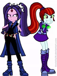 Size: 768x1024 | Tagged: safe, artist:ticcielly38, derpibooru import, aria blaze, sonata dusk, human, equestria girls, rainbow rocks, cloak, clothes, crossover, dc comics, gem, image, jewelry, jpeg, magic, pendant, pigtails, ponytail, raven (dc comics), shoes, simple background, skirt, smiling, starfire, stars, teen titans, unamused, white background