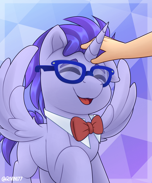 Size: 2000x2400 | Tagged: safe, artist:rivin177, derpibooru import, oc, alicorn, human, pony, commission, eyes closed, glasses, hand, image, petting, png, raised hoof, ribbon, simple background, sparkles, spread wings, wings, ych result, your character here