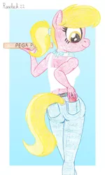 Size: 1150x1920 | Tagged: suggestive, artist:roseluck, derpibooru import, lily, lily valley, anthro, earth pony, plantigrade anthro, pony, abstract background, alternate hairstyle, ass, bandana, belt, butt, clothes, colored pencil drawing, female, holding, image, jeans, lilybutt, looking at something, looking down, mare, pants, pizza box, png, pockets, ponytail, rear view, scrunchie, smiling, soda can, solo, solo female, tail, tail hole, tanktop, traditional art, walking