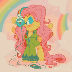 Size: 1000x1000 | Tagged: safe, artist:astroeden, derpibooru import, fluttershy, pegasus, pony, animated, antonymph, blushing, cloud, eyes closed, happy, headphones, image, rainbow, smiling, solo, sparkles, spread wings, tongue out, wavy mouth, webm, wings
