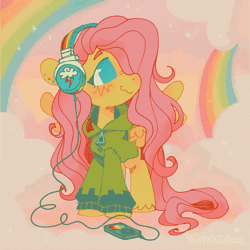 Size: 800x800 | Tagged: safe, artist:astroeden, derpibooru import, fluttershy, pegasus, pony, animated, antonymph, blushing, cloud, eyes closed, gif, happy, headphones, image, rainbow, smiling, solo, sparkles, spread wings, tongue out, wavy mouth, wings