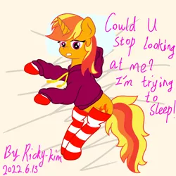 Size: 2048x2048 | Tagged: safe, artist:ricky-kim, artist:ricky_mckim, derpibooru import, oc, oc:ricky, unofficial characters only, unicorn, bed, clothes, hoodie, image, lying down, on bed, png, socks, stockings, striped socks, thigh highs