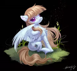 Size: 2048x1907 | Tagged: safe, artist:paipaishuaige, derpibooru import, oc, unofficial characters only, pegasus, pony, black background, chest fluff, ear fluff, female, grass, image, jpeg, looking at you, reeds, simple background, sitting, smiling, smiling at you, solo, spread wings, unshorn fetlocks, watermark, wings