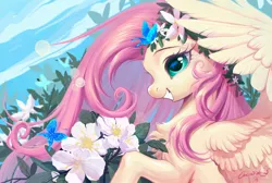 Size: 2048x1378 | Tagged: safe, artist:paipaishuaige, derpibooru import, fluttershy, butterfly, insect, pegasus, pony, chest fluff, female, floral head wreath, flower, flower in hair, grin, image, jpeg, smiling, solo, spread wings, wings