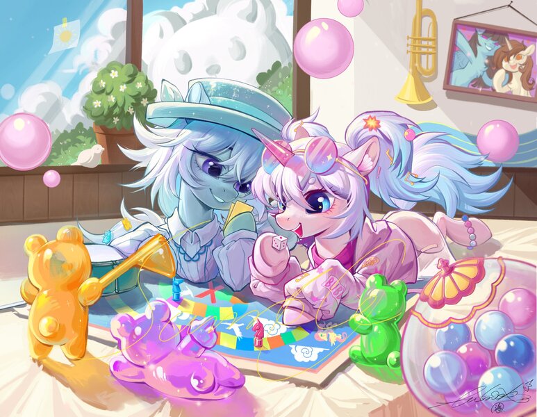 Size: 2048x1589 | Tagged: safe, artist:paipaishuaige, derpibooru import, oc, unofficial characters only, bear, earth pony, pegasus, pony, unicorn, balloon, board game, bracelet, clothes, cloud, dice, dress, drums, duo, duo female, earth pony oc, female, gummy bear, hair accessory, hat, horn, image, jacket, jewelry, jpeg, musical instrument, pareidolia, pegasus oc, picture frame, playing, playing card, potted plant, smiling, sunglasses, transparent horn, trumpet, unicorn oc, wings