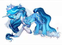 Size: 2048x1493 | Tagged: safe, artist:paipaishuaige, derpibooru import, oc, unofficial characters only, pony, unicorn, bowing, braid, coat markings, facial markings, female, horn, image, jewelry, jpeg, necklace, regalia, smiling, solo, unicorn oc, veil, watermark