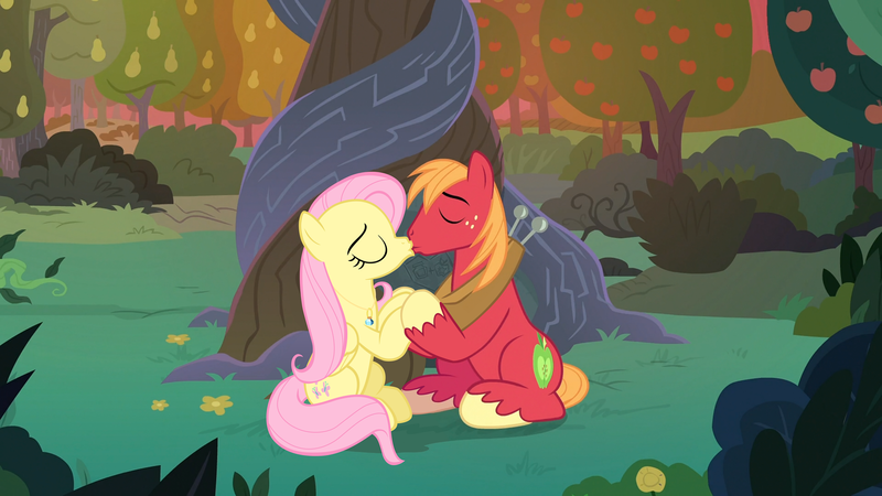 Size: 1920x1080 | Tagged: safe, anonymous editor, derpibooru import, edit, edited screencap, screencap, big macintosh, fluttershy, earth pony, pegasus, pony, the big mac question, alternate scenario, apple, apple tree, character swap, eyes closed, female, fluttermac, food, holding hooves, image, intertwined trees, jewelry, kissing, male, mare, necklace, pear tree, png, shipping, stallion, straight, tree