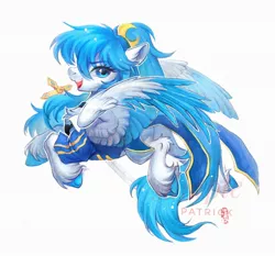 Size: 2048x1910 | Tagged: safe, artist:paipaishuaige, derpibooru import, oc, unofficial characters only, pegasus, pony, clothes, colored wings, colored wingtips, crescent moon, female, image, jpeg, moon, solo, sword, traditional art, uniform, unshorn fetlocks, watermark, weapon, wings