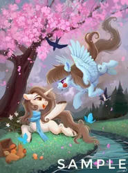 Size: 1516x2048 | Tagged: safe, artist:paipaishuaige, derpibooru import, oc, unofficial characters only, bird, butterfly, insect, pegasus, pony, squirrel, unicorn, basket, cherry blossoms, chest fluff, clothes, female, flower, flower blossom, flying, food, forest, holiday, image, jpeg, lesbian, lying down, mountain, mountain range, oc x oc, picnic basket, prone, river, rose, scarf, shipping, stream, tree, unshorn fetlocks, valentine's day, water, watermark
