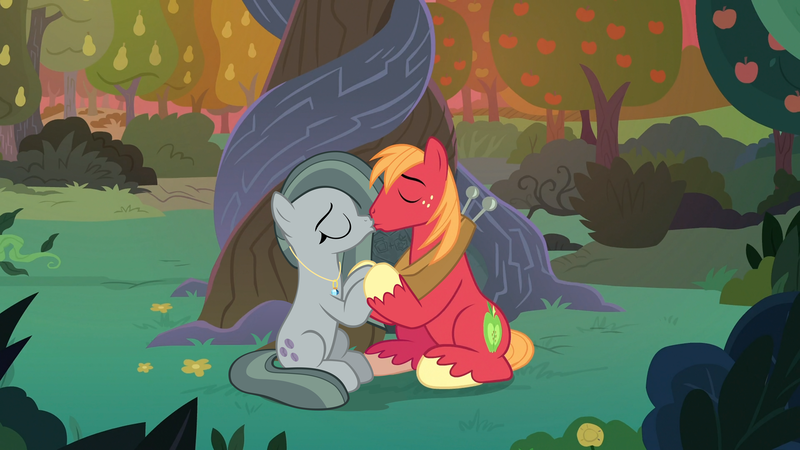 Size: 1920x1080 | Tagged: safe, anonymous editor, derpibooru import, edit, edited screencap, screencap, big macintosh, marble pie, earth pony, pony, the big mac question, alternate scenario, apple, apple tree, character swap, eyes closed, female, food, holding hooves, image, intertwined trees, jewelry, kissing, male, marblemac, mare, necklace, pear tree, png, shipping, stallion, straight, tree