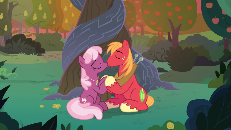 Size: 1920x1080 | Tagged: safe, anonymous editor, derpibooru import, edit, edited screencap, screencap, big macintosh, cheerilee, earth pony, pony, the big mac question, alternate scenario, apple, apple tree, character swap, cheerimac, eyes closed, female, food, holding hooves, image, intertwined trees, jewelry, kissing, male, mare, necklace, pear tree, png, shipping, stallion, straight, tree