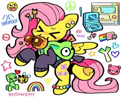 Size: 1823x1462 | Tagged: safe, artist:raystarkitty, derpibooru import, fluttershy, bee, insect, pegasus, pony, :3, anklet, antonymph, awesome face, blushing, bracelet, clothes, creeper, ear piercing, earring, eyes closed, fluttgirshy, food, gir, hairclip, happy, hoodie, hoofbump, image, jewelry, jpeg, leek, minecraft, mouth hold, nintendo ds, nyan cat, peace symbol, piercing, rainbow, solo, spread wings, syrup, waffle, wings