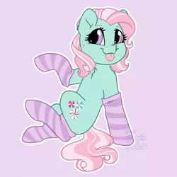 Size: 1200x1200 | Tagged: safe, artist:fanaticpanda, derpibooru import, minty, earth pony, pony, chest fluff, clothes, image, jpeg, looking at you, raspberry, smiling, smiling at you, socks, solo, tongue out