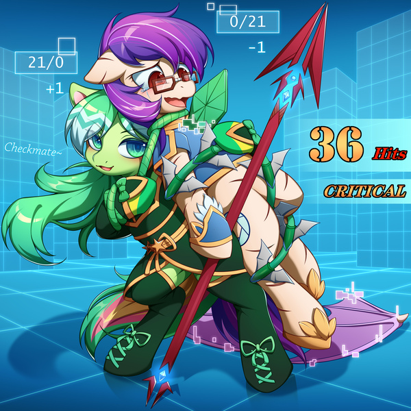 Size: 3543x3543 | Tagged: safe, artist:blueeye, derpibooru import, oc, oc:spirit heart, oc:sunset cloudy, bat pony, earth pony, pony, fighting is magic, armor, fight, image, jpeg, lance, weapon