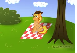 Size: 1024x703 | Tagged: safe, artist:sorasleafeon, derpibooru import, oc, oc:firey ratchet, unofficial characters only, pegasus, blue sky, bush, cloud, grass, image, looking up, male, original character do not steal, picnic blanket, png, signature, sitting, smiling, solo, solo male, tree, watermark