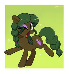 Size: 1924x2048 | Tagged: safe, artist:darkynez, derpibooru import, oc, oc:hyacinth, unofficial characters only, earth pony, pony, female, green background, high res, image, jpeg, looking at you, mare, one eye closed, open mouth, passepartout, raised hoof, simple background, smiling, smiling at you, solo, wink, winking at you