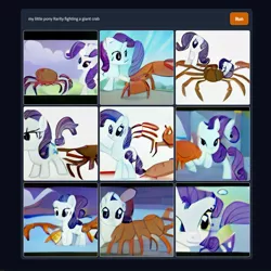 Size: 900x900 | Tagged: safe, derpibooru import, rarity, crab, giant crab, pony, unicorn, artificial intelligence, dall-e, image, jpeg, rarity fighting a giant crab, wat