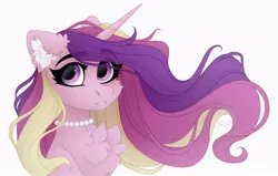 Size: 1950x1240 | Tagged: safe, artist:vird-gi, derpibooru import, princess cadance, alicorn, pony, bust, cheek fluff, chest fluff, ear fluff, eyebrows, eyebrows visible through hair, eyelashes, female, horn, image, jewelry, jpeg, looking at you, mare, necklace, open mouth, pearl necklace, signature, simple background, solo, white background, wind, windswept mane