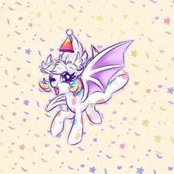 Size: 800x800 | Tagged: safe, artist:jen-neigh, derpibooru import, oc, oc:confetti cupcake, bat pony, pony, bat pony oc, bat wings, confetti, cute, falling, female, hat, image, jpeg, mare, party hat, polka dots, solo, wings