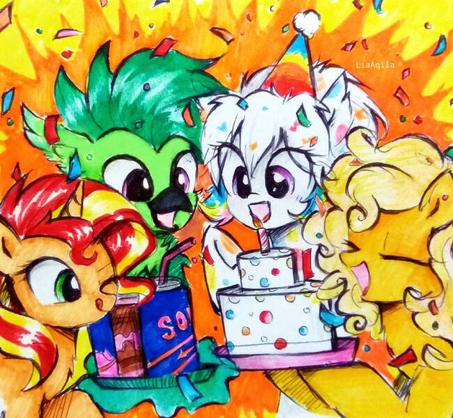 Size: 931x859 | Tagged: safe, artist:liaaqila, derpibooru import, sunset shimmer, oc, oc:baja, oc:confetti cupcake, bat pony, earth pony, gryphon, pony, unicorn, bat pony oc, bat wings, birthday, birthday cake, cake, confetti, drink, eyes closed, female, food, hat, image, jpeg, levitation, magic, mare, one eye closed, party hat, serving tray, soda, soda can, straw, surprised, telekinesis, tongue out, wings, wink