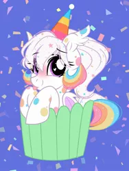 Size: 1541x2048 | Tagged: safe, artist:emberslament, derpibooru import, oc, oc:confetti cupcake, bat pony, pony, :p, bat pony oc, bat wings, blushing, confetti, cupcake, cute, female, food, hat, image, jpeg, mare, party hat, peeking, polka dots, simple background, solo, tongue out, wings