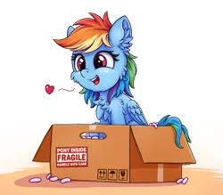 Size: 2500x2192 | Tagged: safe, artist:zeepheru_pone, derpibooru import, rainbow dash, pegasus, pony, box, cheek fluff, chest fluff, cute, dashabetes, ear fluff, female, folded wings, heart, high res, image, mare, packing peanuts, png, pony in a box, signature, simple background, sitting, smiling, solo, tail, wings