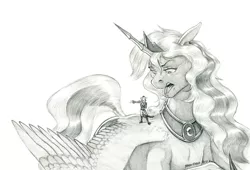 Size: 1280x868 | Tagged: safe, artist:baron engel, derpibooru import, princess luna, oc, oc:king trafalgar maximilian augustus leopold iii, alicorn, anthro, mouse, pony, furry, grayscale, image, jpeg, monochrome, open mouth, pencil drawing, story in the source, story included, traditional art