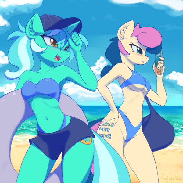 Size: 1512x1512 | Tagged: safe, artist:fajeh, derpibooru import, bon bon, lyra heartstrings, sweetie drops, anthro, earth pony, unicorn, beach, beach babe, blushing, breasts, cap, clothes, ear fluff, hat, image, inner tube, mobile phone, ocean, phone, png, ponytail, shorts, smiling, swimsuit, underboob, water