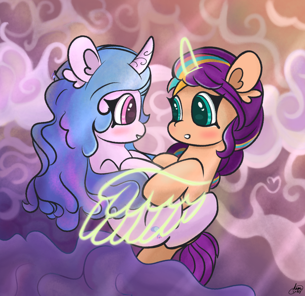 Size: 2048x1985 | Tagged: safe, artist:limitmj, derpibooru import, izzy moonbow, sunny starscout, alicorn, earth pony, pony, unicorn, my little pony: a new generation, blushing, cloud, female, g5, image, izzyscout, lesbian, png, pride, pride month, race swap, shipping, sunnycorn