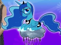 Size: 691x509 | Tagged: safe, derpibooru import, princess luna, alicorn, pony, clothes, cloud, crossover, crown, female, flower, glasses, horn, image, inside out, jewelry, jpeg, lying down, mare, moon, prone, raincloud, regalia, sad, sadness (inside out), shoes, sparkles, wings, youtube link