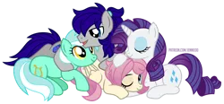 Size: 1200x555 | Tagged: safe, artist:jennieoo, derpibooru import, lyra heartstrings, rarity, oc, oc:gentle star, oc:maverick, earth pony, pegasus, pony, unicorn, cuddling, group hug, happy, hug, image, png, show accurate, simple background, sleeping, smiling, transparent background, vector