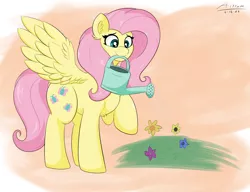 Size: 3000x2300 | Tagged: safe, artist:astrum, derpibooru import, fluttershy, pegasus, pony, chest fluff, digital art, female, flower, high res, image, looking at something, looking down, mare, mouth hold, png, raised hoof, smiling, solo, spread wings, watering, watering can, wings