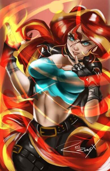 Size: 581x896 | Tagged: safe, artist:bunsogen, derpibooru import, edit, sunset shimmer, equestria girls, belly button, belt, breasts, busty sunset shimmer, cleavage, clothes, fingerless gloves, fire, gloves, image, jpeg, midriff, signature, trace