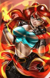 Size: 581x896 | Tagged: safe, artist:bunsogen, derpibooru import, edit, sunset shimmer, equestria girls, belly button, belt, breasts, busty sunset shimmer, cleavage, clothes, fingerless gloves, fire, gloves, image, jpeg, midriff, signature, trace