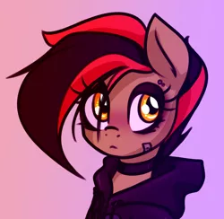 Size: 980x956 | Tagged: safe, artist:jetwave, derpibooru import, oc, oc:dala vault, unofficial characters only, earth pony, pony, semi-anthro, bandaid, bust, choker, clothes, earth pony oc, eyeshadow, female, gradient background, hoodie, image, makeup, mare, png, solo, solo female