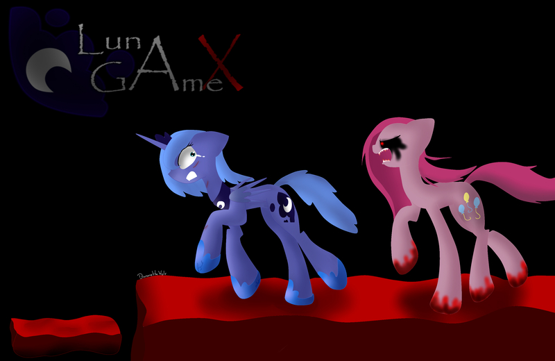 Size: 2965x1929 | Tagged: semi-grimdark, artist:pinkamena2000, derpibooru import, pinkie pie, princess luna, alicorn, earth pony, pony, angry, blood, clothes, crown, crying, fangs, female, horn, image, jewelry, jpeg, mare, moon, pinkamena diane pie, regalia, running, s1 luna, shocked, shoes, text, wings, zalgo, zalgo pie