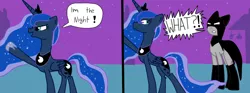 Size: 851x315 | Tagged: safe, artist:pinkamena2000, derpibooru import, princess luna, ponified, alicorn, earth pony, pony, angry, batman, clothes, crown, dc comics, dialogue, female, horn, image, jewelry, jpeg, male, mare, moon, night, regalia, shocked, shoes, smiling, sparkles, stallion, stars, text, wings