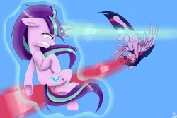 Size: 2725x1822 | Tagged: safe, artist:pinkamena2000, derpibooru import, starlight glimmer, twilight sparkle, twilight sparkle (alicorn), alicorn, pony, unicorn, the cutie re-mark, angry, beam, female, flying, gritted teeth, horn, image, jpeg, magic, mare, scene interpretation, signature, sky, spread wings, teeth, wings